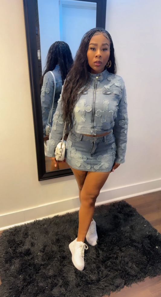 Cross Heart Denim Two Piece Set